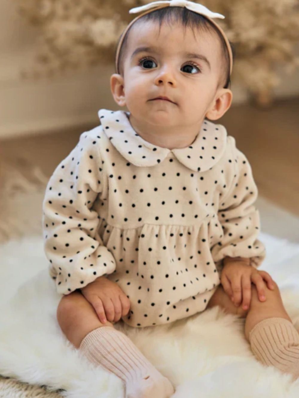 Quincy Mae Velvet Polka Dot Romper Ecru 18-24M Peter Pan Collar Baby